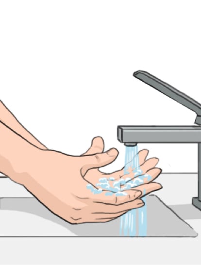 Hands under faucet with soap and water