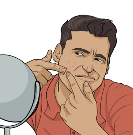 Guy looking in mirror, popping pimple